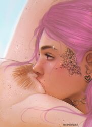 2girls artist_name blush body_freckles cunnilingus devouring_pussy eyebrow_piercing facial_tattoo female_pubic_hair freckles heart heart_collar highres long_hair lying multiple_girls nude oral original paloma_piquet piercing pink_eyes pink_hair pubic_hair pussy spread_legs tattoo uncensored yuri