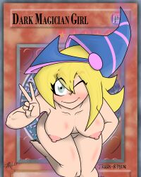 1girls big_breasts blonde_eyebrows blonde_female blonde_hair blush blushing_at_viewer dark_magician_girl duel_monster female female_only green_eyes helmet joe_rodher leaning_forward long_hair nipples nude nude_female smiling smiling_at_viewer solo solo_female uncensored v_sign winking winking_at_viewer yu-gi-oh! yu-gi-oh!_card yu-gi-oh!_duel_monsters