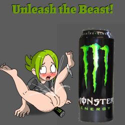 anal ass can_insertion cumming female fluids green_hair legs_apart legs_up lowres monster_enegry_drink object_in_ass original_character pussy spanky15 squirting