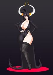 black_hair curvy curvy_female demon_girl demon_horns fishnets goth goth_girl high_heels huge_breasts lipstick mai_(supernova) makeup pink_eyes supernova_(artist) voluptuous voluptuous_female witch