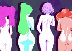 3d 4girls ann_takamaki ass back back_view bare_back bernadetta_von_varley big_ass completely_nude female female_only fire_emblem fire_emblem:_the_blazing_blade fire_emblem:_three_houses green_hair human kujikawa_rise lineup long_hair lyn_(fire_emblem) multiple_girls nintendo nude nude_female pale_skin persona persona_4 persona_5 ponytail purple_hair short_hair twintails yumi_(artist)