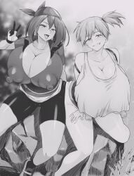 2girls big_breasts breasts busty enormous_breasts erect_nipples erect_nipples_under_clothes female female_only giant_breasts gigantic_breasts hard_nipples huge_breasts hyper_breasts kasumi_(pokemon) large_breasts massive_breasts may_(pokemon) monochrome nipples nipples_outside pokemon sitting sitting_on_rock t303 thick_thighs tongue