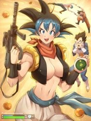 2022 2boys 2girls baggy_pants black_hair blue_eyes blue_hair breasts bulma_briefs character_in_background dragon_ball dragon_ball_super female fortnite fusion fusion_dance game_ui gun hips holding_object huge_breasts jammeryx light-skinned_female light_skin looking_at_viewer male male_saiyan no_bra saiyan sash scarf shocked_expression shounen_jump slim_waist smile son_goku spiky_hair two_tone_hair vegeta vest weapon wide_hips