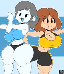 2girls breasts brown_hair cleavage cuadra_side female female_only grey_hair mii mii_gunner mii_gunner_(smash_4) mob_face multiple_girls navel nintendo shorts sports_bra sportswear stretching super_smash_bros. super_smash_bros._ultimate tagme toony wii_fit wii_fit_trainer yoga_pose