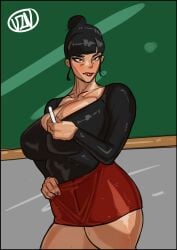 1girls big_breasts black_eyes black_hair blush breasts holding_chalk large_breasts light-skinned_female light_skin milf original_character skirt solo solo_female teacher unamused vin_workshop