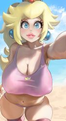 1girls 2022 alternate_version_available background beach big_breasts big_lips bimbo_lips blonde_hair blue_eyes blush bottomwear breasts cleavage clothing crown earrings erect_nipples female female_only headwear huge_breasts large_breasts lips lipstick long_hair long_ponytail looking_at_viewer mario_(series) nintendo nipple_bulge noblood ocean outdoors panties pink_lips pink_lipstick pink_panties pink_shirt pink_thong plump ponytail princess_peach ryandomonica shirt skindentation sky solo solo_female thick_lips thick_thighs thighhighs thighs thong tied_hair topwear underwear voluptuous zettai_ryouiki