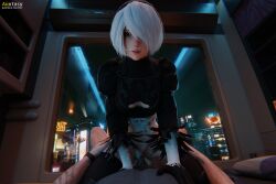 1boy 1girls 3d auxtasy blue_eyes cowgirl cowgirl_position dress eye_contact female gloves looking_at_viewer nier nier:_automata nier_(series) penis pov pussy stockings straight tattoo thighhighs thighs vagina vaginal_penetration vaginal_sex white_hair yorha_2b