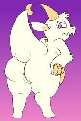 ambiguous_gender angry anthro anus arm_tuft ass bent_over big_butt chikn_nuggit digitigrade dragon fwench_fwy_(chikn_nuggit) gradient_background hands_on_hips hidden97 horn huge_butt pink_eyes simple_background solo thick_tail thick_thighs tuft white_body yellow_body