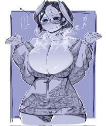 alternate_costume big_breasts blush bursting_breasts cleavage curvy female female_only frown glasses hair_between_eyes hoodie huge_breasts kingofbandit156 made_in_abyss mature_female monochrome musk musky_breasts no_bra off_shoulder ozen smell solo steam sweatdrop thick_thighs unzipped unzipped_jacket wide_hips