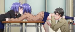 1boy 2girls anime_screencap bent_over bent_over_desk bisexual bisexual_female black_hair black_shirt blue_eyes blue_hair blue_skirt blush bondage bound bound_arms bound_to_desk brown_hair classroom clothing desk doggy_style female group_sex hand_on_another's_leg hands_on_own_face highres hoshizuki_kaede hoshizuki_suzu incest kaede_to_suzu kissing kyokucho multiple_girls on_desk on_stomach panties pussy_juice red_ribbon ribbon school_desk school_uniform sex_toy shimaidon shirt short_hair siblings sisters skirt threesome twincest twins underwear vibrator yellow_eyes yuri