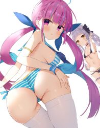 2girls :3 :o animal_ears armpit_crease ass ass_cleavage bangs bare_shoulders bikini black_bikini blue_bikini blue_hair blue_ribbon blush braid breasts butt_crack cat_ears chinese_commentary choker colored_inner_hair commentary_request cowboy_shot drill_hair female female_only from_behind hair_ribbon hololive hololive_gen_2 hololive_japan large_breasts long_hair looking_at_viewer looking_back minato_aqua multicolored_hair multiple_girls murasaki_shion navel pink_eyes pink_hair purple_choker ribbon silver_hair simple_background small_breasts standing stomach striped striped_bikini swimsuit thighhighs twin_drills twintails very_long_hair virtual_youtuber wading water white_background white_legwear yellow_eyes zhiyou_ruozhe