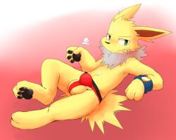 balls bulge clothing eeveelution generation_1_pokemon genitals hi_res jolteon laying_on_back looking_at_viewer male male_only miau nintendo pokemon pokemon_(species) side_balls solo underwear video_games