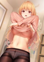 1girls ahoge areolae bathroom beautiful belly_button black_legwear black_pantyhose blonde_hair blurry blurry_background books bookshelf breasts commentary cowboy_shot depth_of_field eyebrows_visible_through_hair female highres indoors large_breasts long_hair long_sleeves looking_at_viewer monaka_curl navel nipples no_bra open_mouth original panties panties_under_pantyhose pantsu pantyhose pink_sweater red_eyes shirt smiling solo standing stomach thighband_pantyhose underboob underwear undressing upper_teeth washing_machine white_panties wholesome