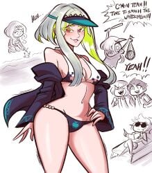 bikini breasts female green_hair gynoid headwear humanoid jacket machine outerwear pale_skin red_eyes ringo_(soul_hackers) robot scruffyturtles soul_hackers soul_hackers_2 swimwear