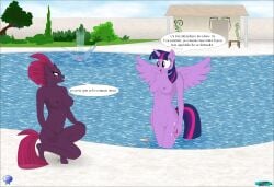 alicorn anthro breasts earth_pony equid equine fab3716 female french_text friendship_is_magic genitals group hasbro hi_res horn horse mammal my_little_pony my_little_pony:_the_movie_(2017) nude pinkie_pie_(mlp) pony pussy straight_hair swimming_pool tempest_shadow_(mlp) text trio twilight_sparkle_(mlp) unicorn wings