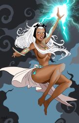 1girls african african_female crown dark-skinned_female dark_clouds dark_skin female female_only human human_only lightning marvel marvel_comics mikekimart no_pupils ororo_munroe solo storm storm_(x-men) superheroine topless white_hair x-men