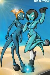 2girls aged_up alien alien_girl beach ben_10 bikini blue_skin e-n kineceleran large_breasts margaret_(theglitch) medium_breasts ml-e multiple_girls natasha_(theglitch) nude nude_female oc rule_63 tail theglitch