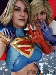 2girls 3d 3d_(artwork) big_breasts blender blender_(software) blonde_hair blue_eyes breasts busty cute dc dc_comics female female_only fully_clothed huge_breasts injustice_2 kara_danvers kara_zor-el karen_starr large_breasts power_girl saturalia_knight supergirl superman_(series)