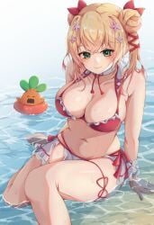 absurdres bare_shoulders beach bikini blonde_hair breasts cleavage collarbone double_bun female flower green_eyes hair_bun hair_flower hair_ornament highres hololive hololive_gen_5 hololive_japan iikiroro large_breasts long_hair midriff momosuzu_nene navel nekko_(momosuzu_nene) sitting solo swimsuit virtual_youtuber water