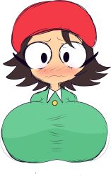 absurd_res adeleine aged_up artist_request beret black_hair blush breasts clothing embarrassed female female_only hi_res kirby_(series) shirt shy vile_eyes