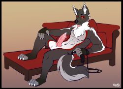 anthro canid canine canis chaise_longue chaise_lounge chest_tuft claws digital_media_(artwork) erection fur furniture genitals higsby knot male male_only mammal nude penis reclining_on_sofa solo tuft wolf yellow_eyes