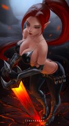 1girls big_breasts curvaceous curvy_female curvy_figure curvy_hips elf_ears izhardraws latex_bra latex_pants long_hair looking_at_viewer original_character pants pointy_ears red_eyes red_hair red_lips solo_female solo_focus tagme tight_pants voluptuous voluptuous_female