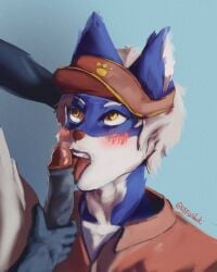 anthro blue_body canid digital_media_(artwork) erection fast_food fellatio food fur genitals hi_res ibukemono male male/male mammal nude oral penile penis sex sucking yellow_eyes