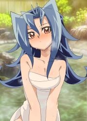 arms_together blue_hair blush breasts bryanjoel closed_mouth dntks edit female hi_res kamishiro_rio long_hair looking_at_another pose red_eyes rio_kamishiro solo sweatdrop thermal_waters towel yu-gi-oh! yu-gi-oh!_duel_links yu-gi-oh!_zexal