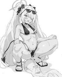 1boy anger_vein bangs bikini bikini_aside blue_archive blush breasts clothing_aside drinking_pee eyewear_on_head faceless faceless_male female female_pubic_hair gehenna_academy_student greyscale hair_over_one_eye hair_ribbon halo heigani iori_(blue_archive) iori_(swimsuit)_(blue_archive) long_hair lying medium_breasts monochrome oerba_yun_fang on_back open_mouth peeing peeing_in_mouth peeing_on_another piss_drinking piss_play pointy_ears prefect_team_(blue_archive) pubic_hair ribbon sandals simple_background sitting_pee spread_legs squatting sunglasses sweat swimsuit tail urinating_female urine very_long_hair