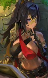 1boy 1girls 2022 aether_(genshin_impact) belly_button black_hair blue_eyes breasts brown_skin dehya_(genshin_impact) female female_only genshin_impact hood_x_art huge_breasts long_hair looking_at_viewer naughty_face outdoors revealing_clothes slim_waist smile suggestive_look sweat sweaty_body sweaty_breasts toned