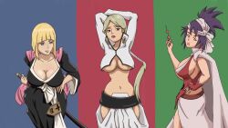 3girls arms_over_head arms_up bandages black_eyes bleach blonde_hair blue_eyes blunt_bangs bob_cut braid braided_ponytail brown_eyes cape cleavage cosplay costume costume_switch crop_top cropped_jacket crossover curvaceous curvy curvy_body curvy_female curvy_figure dango female female_only food gloves headwear holding_object holding_weapon hourglass_figure impossible_clothes jacket katana kimono kukaku_shiba kukaku_shiba_(cosplay) long_hair matsumoto_rangiku matsumoto_rangiku_(cosplay) midriff mitarashi_anko mostly_nude multiple_girls naruto naruto_(series) naruto_shippuden nii_yugito no_bra no_panties no_underwear outfit outfit_swap ponytail purple_hair revealing_clothes robe samui scarf short_hair shoulder_length_hair shounen_jump skirt sword take_your_pick tia_harribel tia_harribel_(cosplay) tied_hair turban underboob very_long_hair wanderagro893 weapon