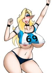1girls 69_(number) argentina armpits artist_request big_ass big_breasts blonde_hair bulge_through_clothing celebration closed_eyes elf elf_female fist_up mole_under_eye nipple_bulge no_bra oc original_character partially_clothed smile thong voluptuous yellow_eyes