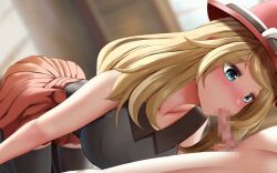 animated black_legwear black_stockings blonde_hair blowjob blue_eyes blush bouncing_breasts censored deepthroat fellatio ginhaha hat human kneeling large_breasts long_hair miniskirt pokemon red_skirt serena_(pokemon) serena_(pokemon_games) thick_thighs thighhighs thighs wide_hips