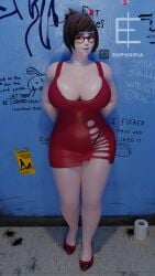 3d asian asian_female big_breasts blender blender_(software) blender_cycles cigar cigarette dress dressed glasses graffiti hi_res high_heels high_resolution large_breasts mei_(overwatch) overwatch red_dress smiling smiling_at_viewer thats_euphoria toilet_paper underwear white_body white_skin