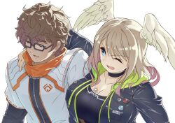 1boy1girl blue_eyes breasts brown_hair closed_eyes eunie_(xenoblade) fully_clothed glasses high_entia nintendo scarf taion_(xenoblade) wholesome wings wink xenoblade_(series) xenoblade_chronicles_3