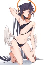 absurdres armpits ass_visible_through_thighs bangs barefoot bikini blue_eyes blunt_bangs blush breasts female halo highres hololive hololive_english hololive_myth keisea keiseeaaa kneeling long_hair looking_at_viewer low_wings mole mole_under_eye multicolored_hair nail_polish navel ninomae_ina'nis orange_hair pointy_ears purple_hair revealing_clothes sidelocks small_breasts smile solo swimsuit tentacle_hair thighs twitter_username virtual_youtuber white_background wings