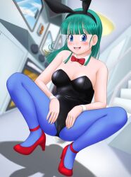 aki_no_jyoko alternate_version_available black_leotard blue_eyes blue_legwear blush bulma_(bunny) bulma_briefs bunny_ears bunny_girl bunnysuit dragon_ball dragon_ball_(classic) heels kitchen leotard looking_at_viewer on_floor squatting tagme teenage_bulma teenage_girl teenager