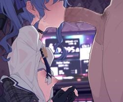 1boy bangs black_gloves blue_hair blush breasts breasts_out censored choker collared_shirt erection fellatio female gloves grey_jacket head_out_of_frame hololive hololive_gen_0 hololive_japan hoshimachi_suisei jacket kakure_eria karaoke long_sleeves male_pubic_hair medium_hair mosaic_censoring necktie nipples off_shoulder open_clothes open_jacket open_mouth open_shirt oral partially_fingerless_gloves penis plaid plaid_jacket pubic_hair shirt side_ponytail sidelocks small_breasts straight television testicles virtual_youtuber white_shirt