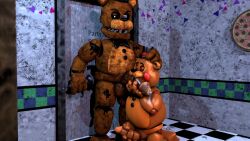 bowtie dominant dominant_male five_nights_at_freddy's five_nights_at_freddy's_2 gay glowing_eye hand_on_head hand_on_penis hat kneeling large_penis male male/male male_only masturbation mouth_on_penis oral oral_sex party_bear12 penis red_cheeks smaller_male submissive_male toy_freddy toy_freddy_(fnaf) withered_freddy