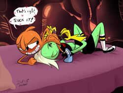 1boy 1girls armor blowjob breasts clothing dialogue fellatio larger_female lord_dominator male/female nipples oral penis size_difference small_dom_big_sub smaller_male speech_bubble star_nomad straight text umayorokobi wander_(wander_over_yonder) wander_over_yonder