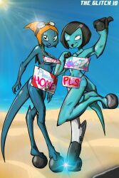 2girls alien alien_girl beach ben_10 bikini blue_skin english_text female female_only kineceleran large_breasts margaret_(theglitch) medium_breasts multiple_girls natasha_(theglitch) oc panty_&_stocking_with_garterbelt tail theglitch