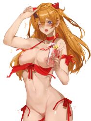 asuka_langley_sohryu bikini blue_eyes blush breasts dokuro_deluxe female large_breasts neon_genesis_evangelion pussy ribbon solo standing swimsuit