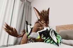 3d anal anal_sex anthro anthro_only ayeris black_fur black_pawpads blender blender_(software) brown_fur canid canine closed_eyes duo feathers french_kiss fur furry furry_only green_fur green_markings jex jexouium kissing legs_around_partner light_brown_fur male on_bed paws pink_inner_ear rexouium sex standing standing_sex vr_media vrchat_avatar white_fur