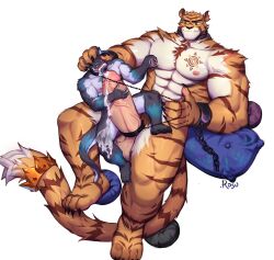 4_toes 5_fingers abs absurd_res anthro balls biceps big_dom_small_sub big_muscles big_penis blue_body blue_fur blush bodily_fluids canid canine canis chain_leash chains countershade_torso countershading dominant duo feet felid fingers fluffy fluffy_tail fur genital_fluids genitals green_eyes grey_body grey_fur head_grab hi_res huge_cock huge_muscles leaking_precum leash licking male male/male mammal muscular muscular_anthro muscular_male muscular_thighs nipple_fetish nipple_play oral orange_body orange_fur pantherine pecs penile penis penis_lick pillow precum precum_on_face precum_string rosutoriano sex simple_background size_difference smug_face striped_body stripes tiger toes tongue tongue_out vein veiny_penis white_background wolf