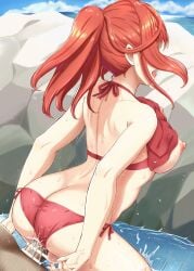 1boy absurdres ass ass_cleavage back bikini bikini_lift blue_sky breasts butt_crack clothes_lift cloud commentary_request day female go-toubun_no_hanayome highres horizon inanaki_shiki large_breasts long_hair nakano_itsuki nipples ocean open_mouth outdoors penis ponytail red_bikini red_hair rock sex shoulder_blades side-tie_bikini_bottom sideboob sidelocks sky solo_focus straight swimsuit swimsuit_aside tongue tongue_out vaginal_penetration