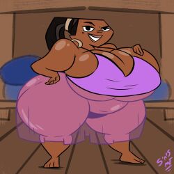 1girls chubby chubby_female dark-skinned_female female female_only large_breasts leshawna_(tdi) lingerie overweight overweight_female plump solo sweetspicymann thick_thighs total_drama_island