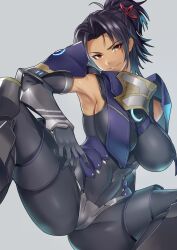 1girls armor armpits ashera_(xenoblade) ass big_breasts black_hair breasts cameltoe clothed covered_nipples dark-skinned_female dark_skin female female_only fully_clothed happy harunori_oogami heroes_(xenoblade_3) huge_breasts large_breasts legs_apart legs_spread looking_at_viewer nintendo nipples parted_bangs ponytail red_eyes smile smiling smiling_at_viewer solo solo_female spread_legs teeth teeth_showing teeth_visible thighs xenoblade_(series) xenoblade_chronicles_3