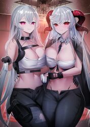 2girls azur_lane big_breasts choker collar crossover cup denim detailed detailed_background drinking_glass female female_only fingerless_gloves fire_emblem fire_emblem_heroes freyja_(fire_emblem) gdat gloves gun hand_on_another's_waist highres horns jeans midriff multiple_girls navel nintendo open_fly pants red_eyes red_horns shot_glass sovetskaya_rossiya_(azur_lane) sovetskaya_rossiya_(the_lackadaisical_lookout)_(azur_lane) tank_top tie_between_breasts torn_clothes torn_pants weapon whale_tail_(clothing) white_hair