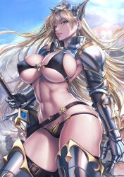 1girls armor bikini blonde_hair blue_eyes female long_hair sadakage sword