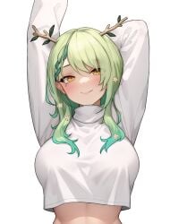 1girls bluefield branch_horns breasts ceres_fauna clothed female green_hair hi_res hololive hololive_english hololive_english_-council- hololive_english_-promise- horns huge_breasts long_hair midriff smile virtual_youtuber